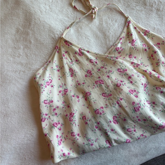 ZARA Halter Neck Wrap Crop Top Tie-Back Women’s Medium Satin Cream Floral - Picture 4 of 9